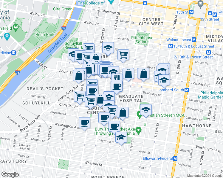 map of restaurants, bars, coffee shops, grocery stores, and more near 2054 Pemberton Street in Philadelphia