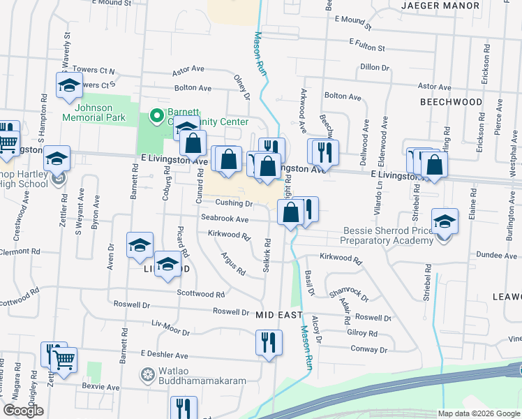 map of restaurants, bars, coffee shops, grocery stores, and more near 3631 Cushing Drive in Columbus