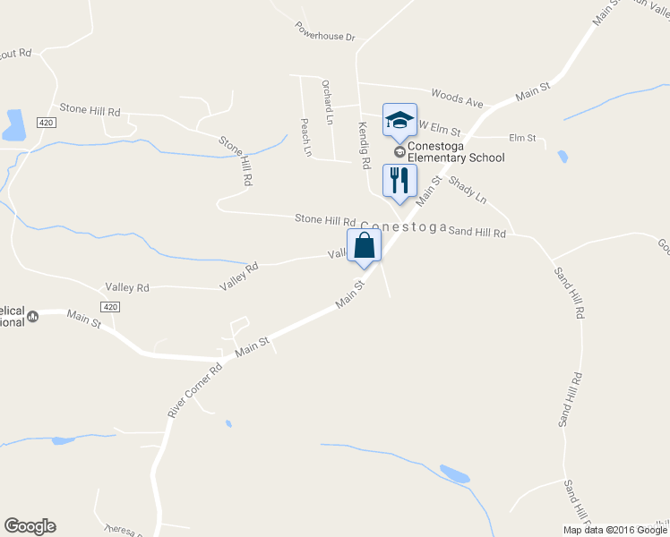 map of restaurants, bars, coffee shops, grocery stores, and more near 40 Valley Road in Conestoga