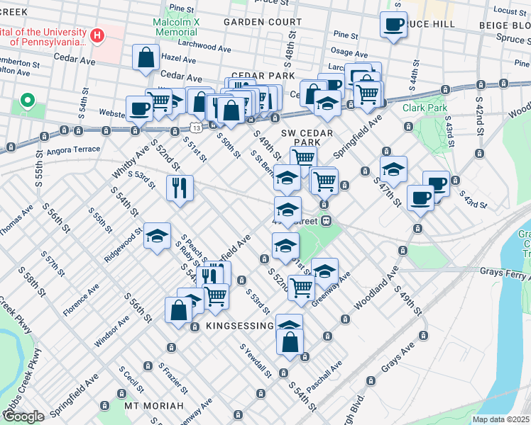 map of restaurants, bars, coffee shops, grocery stores, and more near 5025 Springfield Avenue in Philadelphia