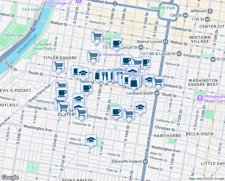map of restaurants, bars, coffee shops, grocery stores, and more near in Philadelphia