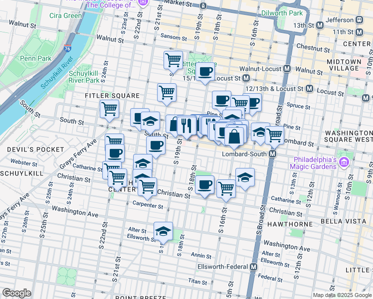 map of restaurants, bars, coffee shops, grocery stores, and more near 201 Green Street in Philadelphia