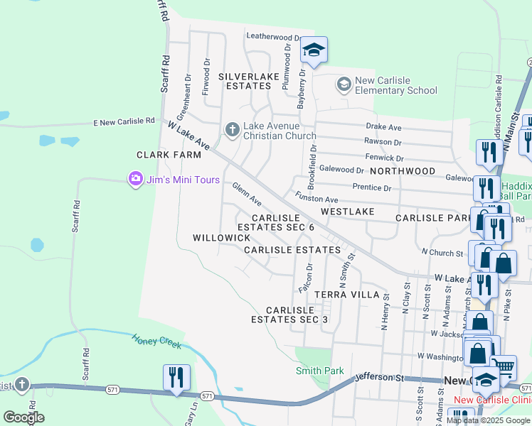 map of restaurants, bars, coffee shops, grocery stores, and more near 512 Glenn Avenue in New Carlisle