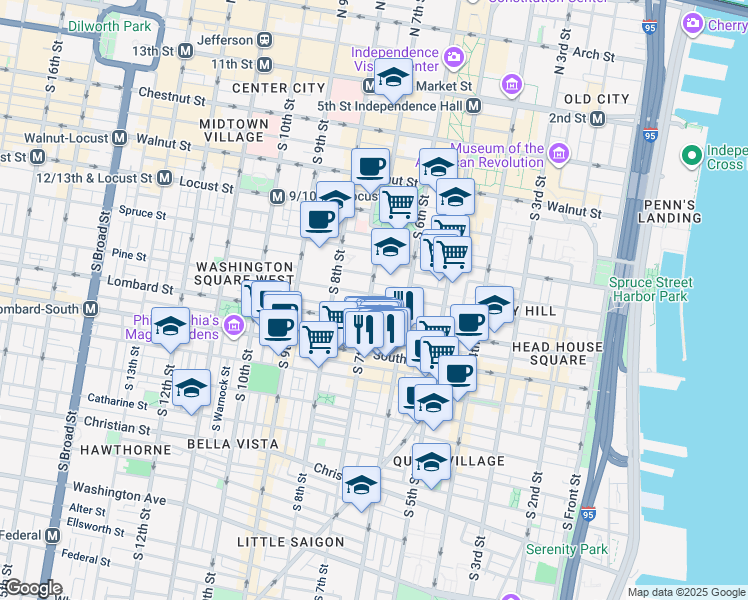 map of restaurants, bars, coffee shops, grocery stores, and more near 642 Pine Street in Philadelphia