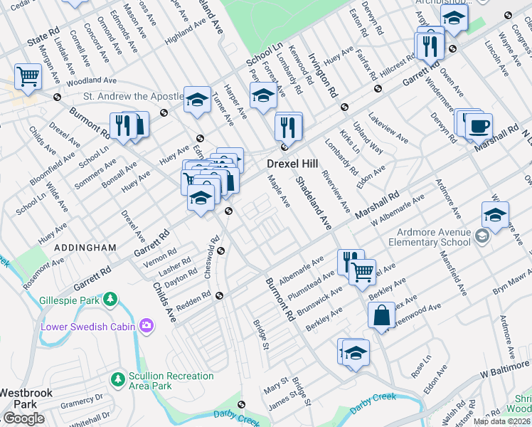 map of restaurants, bars, coffee shops, grocery stores, and more near 349 Francis Street in Drexel Hill