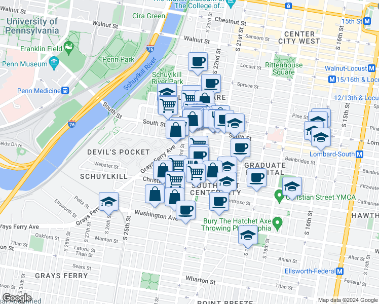 map of restaurants, bars, coffee shops, grocery stores, and more near 2234 Pemberton Street in Philadelphia