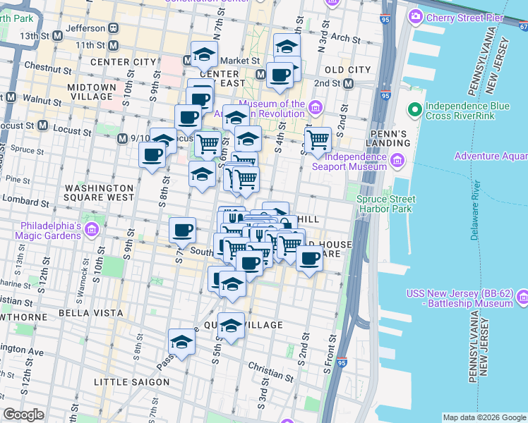 map of restaurants, bars, coffee shops, grocery stores, and more near in Philadelphia