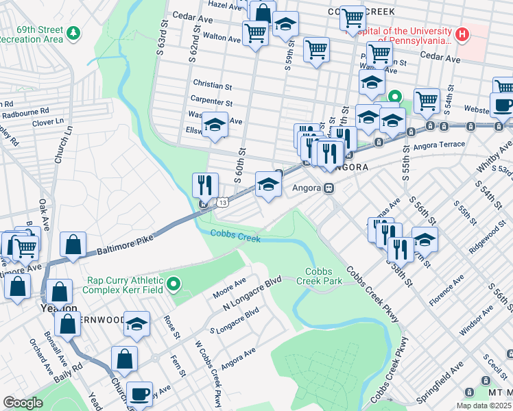map of restaurants, bars, coffee shops, grocery stores, and more near 6000 Cedarhurst Street in Philadelphia
