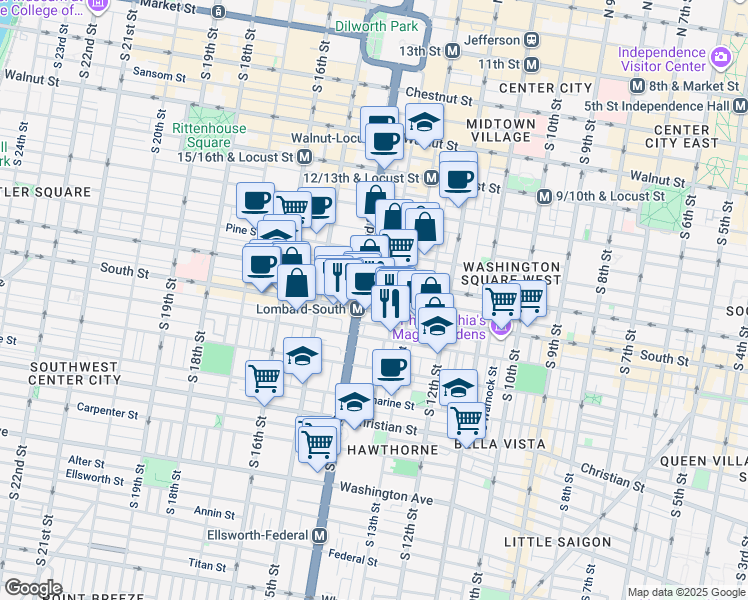 map of restaurants, bars, coffee shops, grocery stores, and more near 1338 Rodman Street in Philadelphia