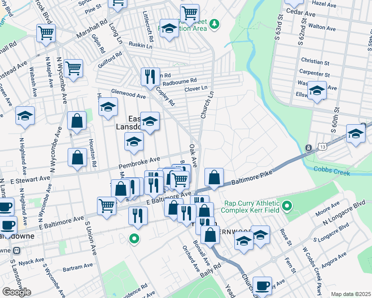 map of restaurants, bars, coffee shops, grocery stores, and more near 1015 Pembroke Avenue in Lansdowne