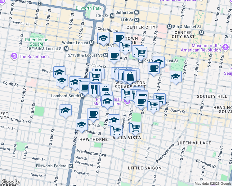 map of restaurants, bars, coffee shops, grocery stores, and more near 1106 Rodman Street in Philadelphia