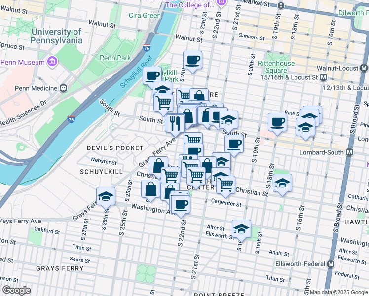 map of restaurants, bars, coffee shops, grocery stores, and more near 2234 Pemberton Street in Philadelphia