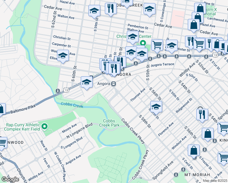 map of restaurants, bars, coffee shops, grocery stores, and more near 1122 Cobbs Creek Parkway in Philadelphia
