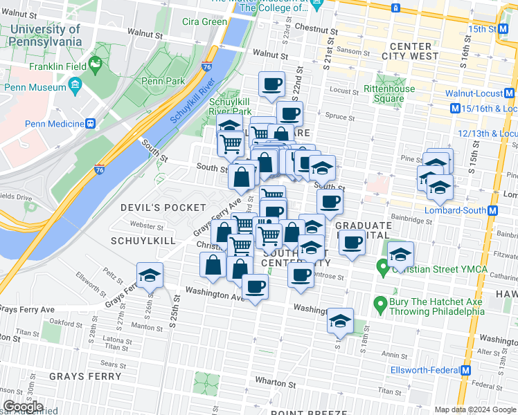 map of restaurants, bars, coffee shops, grocery stores, and more near 2238 Pemberton Street in Philadelphia