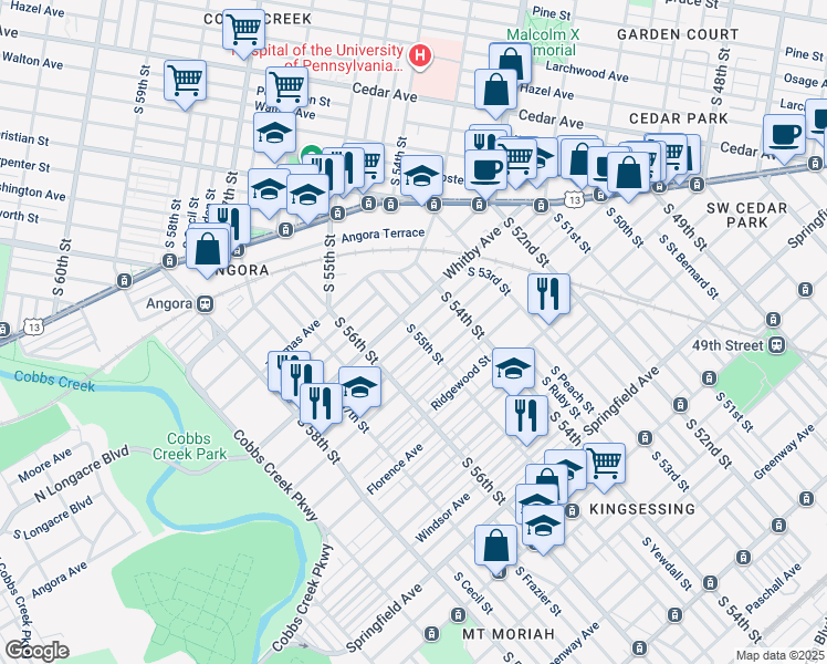 map of restaurants, bars, coffee shops, grocery stores, and more near S 55th St & Malcolm St in Philadelphia