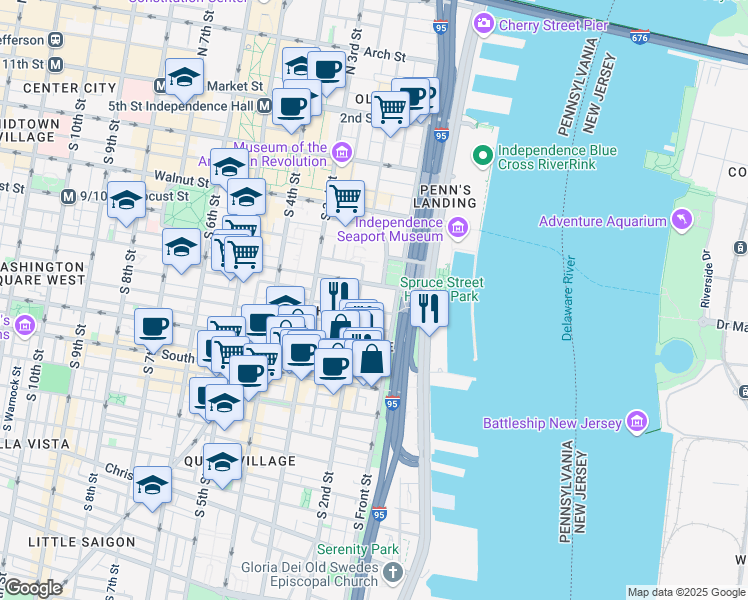 map of restaurants, bars, coffee shops, grocery stores, and more near 130 Spruce Street in Philadelphia