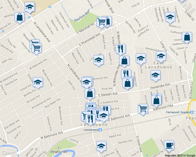 map of restaurants, bars, coffee shops, grocery stores, and more near 56 E Greenwood Ave in Lansdowne