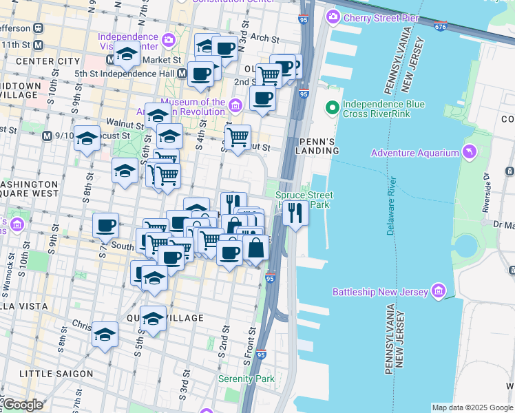 map of restaurants, bars, coffee shops, grocery stores, and more near 130 Spruce Street in Philadelphia