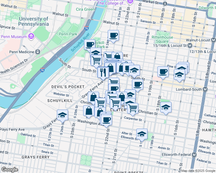 map of restaurants, bars, coffee shops, grocery stores, and more near 2238 Pemberton Street in Philadelphia