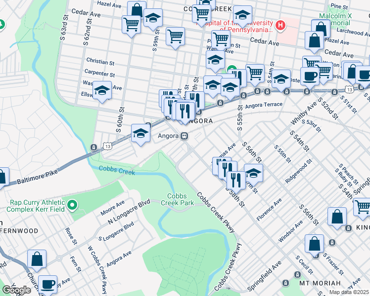 map of restaurants, bars, coffee shops, grocery stores, and more near 1122 Cobbs Creek Parkway in Philadelphia