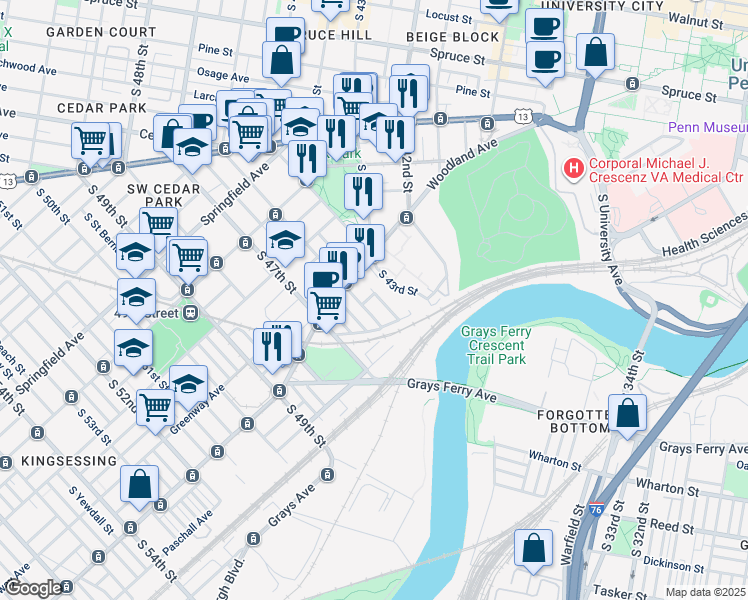 map of restaurants, bars, coffee shops, grocery stores, and more near 1332 South Melville Street in Philadelphia