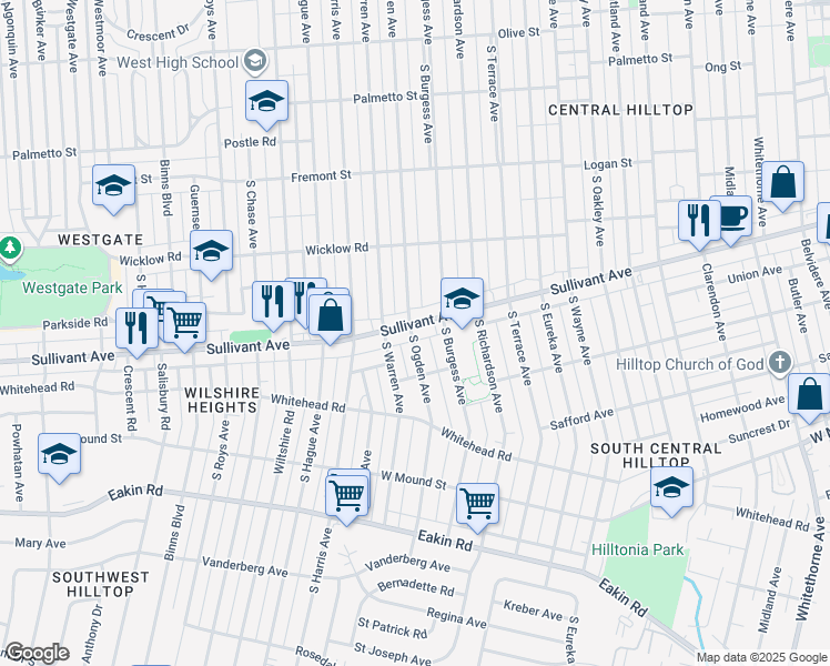 map of restaurants, bars, coffee shops, grocery stores, and more near 2657 Sullivant Avenue in Columbus
