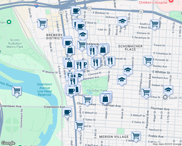 map of restaurants, bars, coffee shops, grocery stores, and more near 912 South Lazelle Street in Columbus