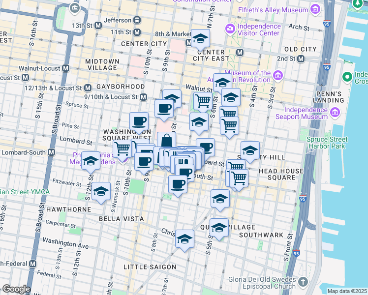 map of restaurants, bars, coffee shops, grocery stores, and more near 708 Pine Street in Philadelphia