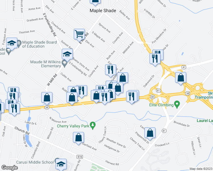 map of restaurants, bars, coffee shops, grocery stores, and more near 645 South Forklanding Road in Maple Shade Township