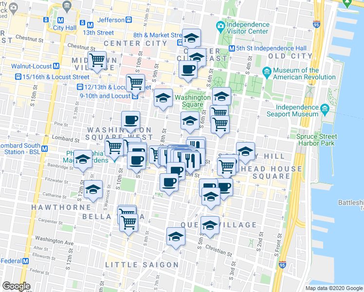 map of restaurants, bars, coffee shops, grocery stores, and more near 642 Pine Street in Philadelphia
