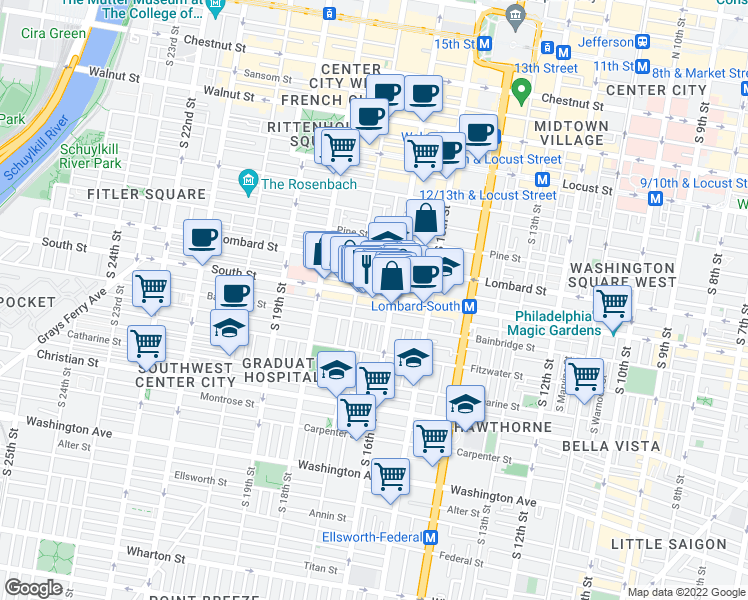 map of restaurants, bars, coffee shops, grocery stores, and more near 1622 South Street in Philadelphia