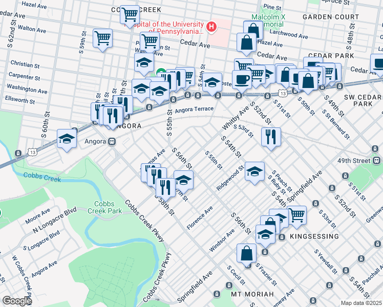 map of restaurants, bars, coffee shops, grocery stores, and more near 5531 Whitby Avenue in Philadelphia