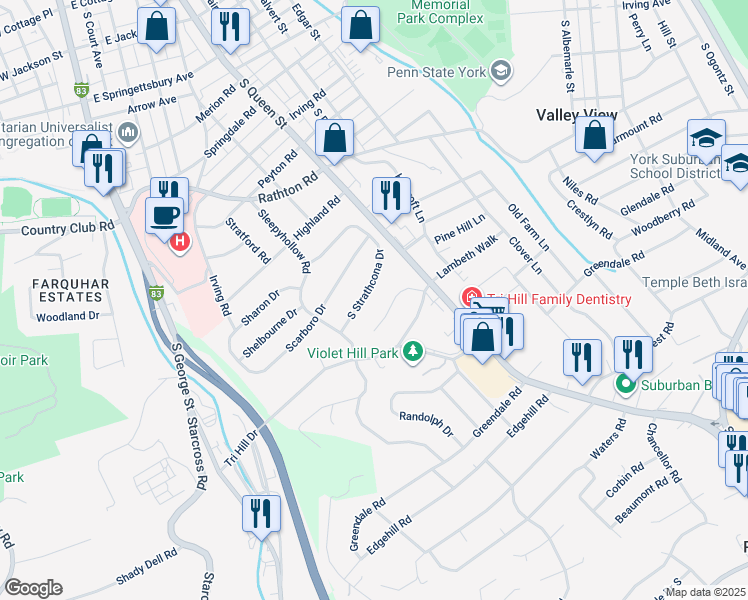 map of restaurants, bars, coffee shops, grocery stores, and more near 272 West Maple Street in York