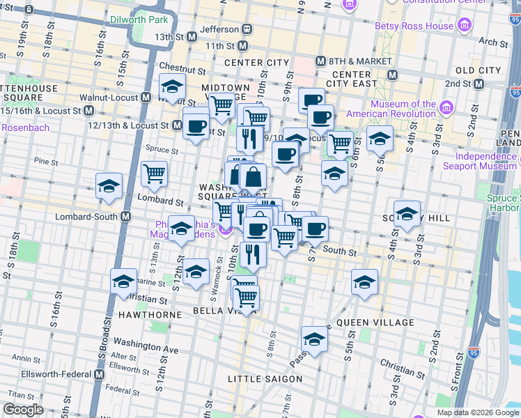map of restaurants, bars, coffee shops, grocery stores, and more near 900 Lombard Street in Philadelphia