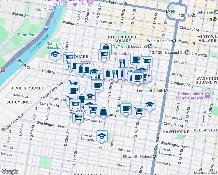 map of restaurants, bars, coffee shops, grocery stores, and more near in Philadelphia