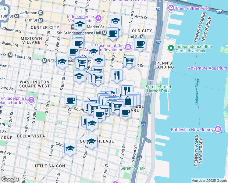 map of restaurants, bars, coffee shops, grocery stores, and more near 314 Delancey Street in Philadelphia