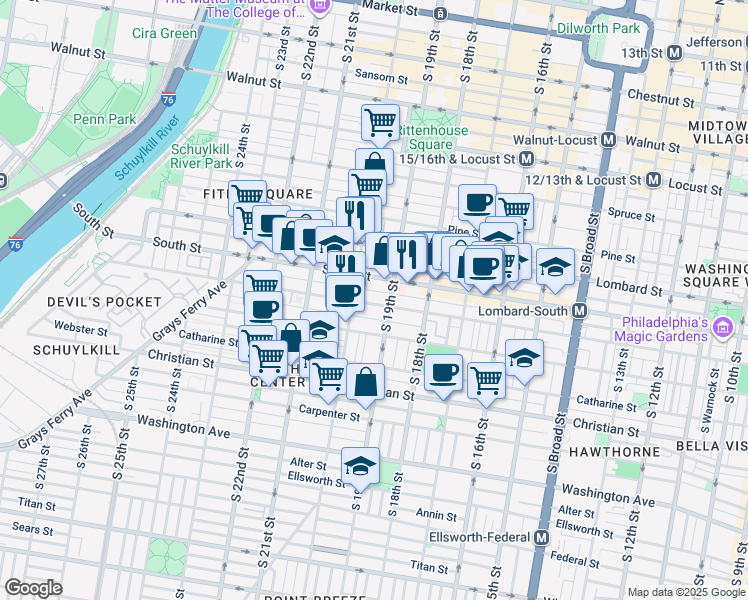 map of restaurants, bars, coffee shops, grocery stores, and more near 1919 Bainbridge Street in Philadelphia
