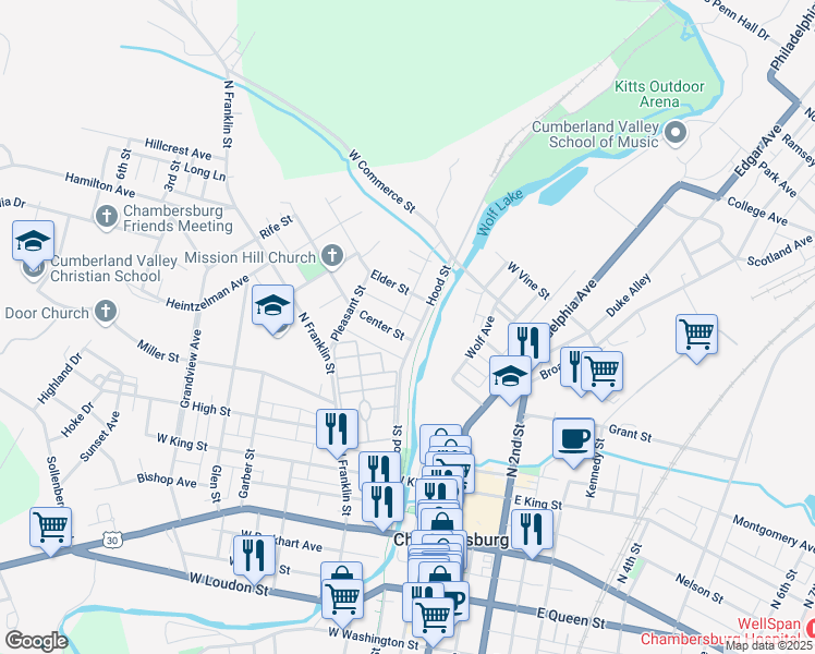 map of restaurants, bars, coffee shops, grocery stores, and more near 411 Hood Street in Chambersburg