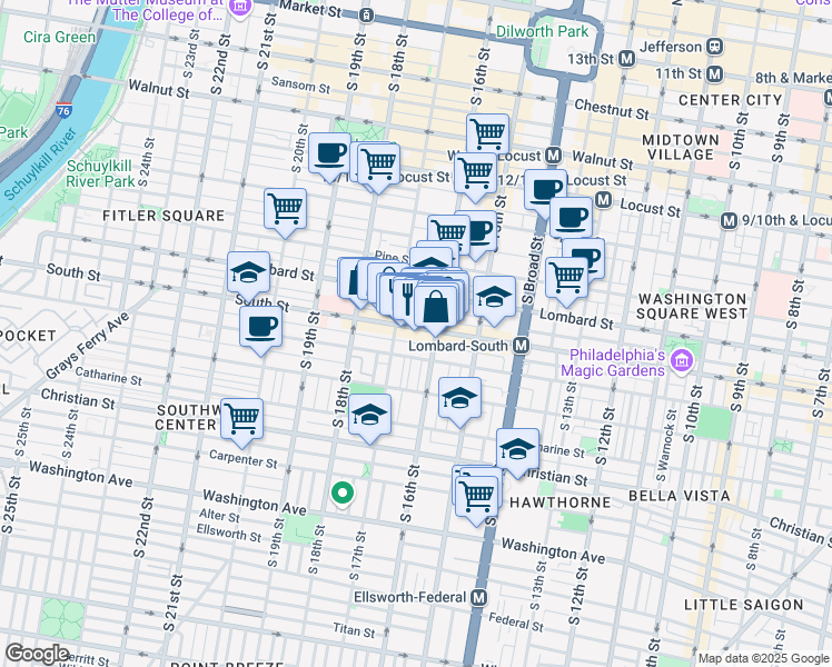 map of restaurants, bars, coffee shops, grocery stores, and more near 1622 South Street in Philadelphia