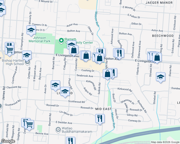 map of restaurants, bars, coffee shops, grocery stores, and more near 3585 Cushing Drive in Columbus
