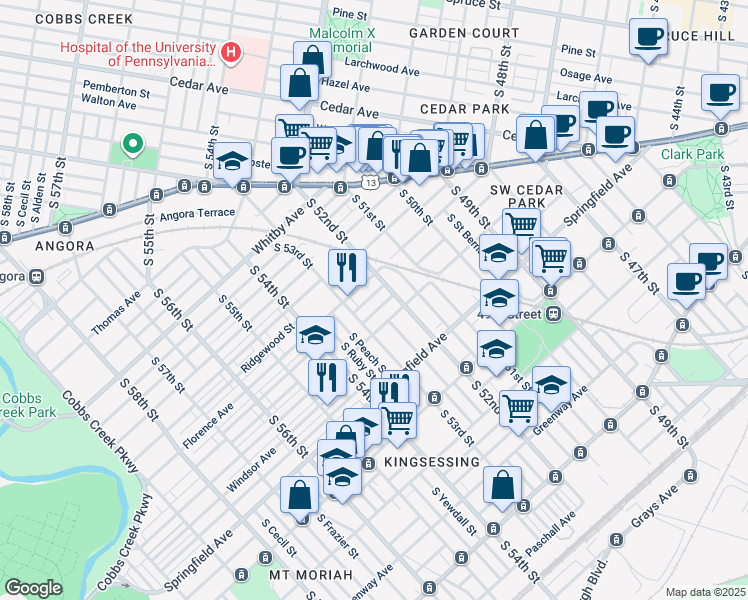 map of restaurants, bars, coffee shops, grocery stores, and more near 5218 Beaumont Avenue in Philadelphia