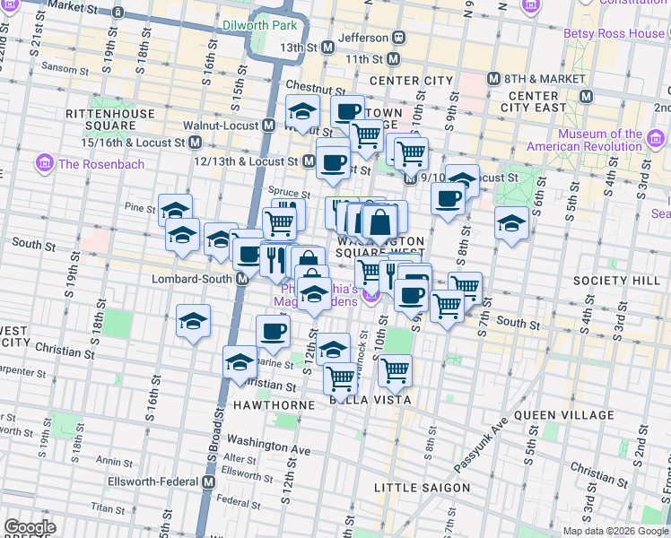 map of restaurants, bars, coffee shops, grocery stores, and more near 1106 Rodman Street in Philadelphia