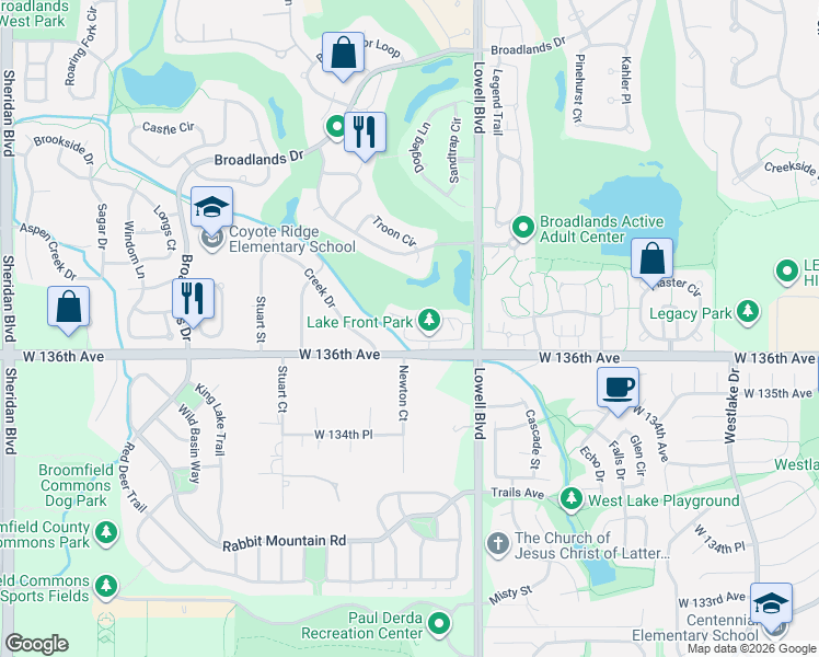 map of restaurants, bars, coffee shops, grocery stores, and more near 3931 Creek Drive in Broomfield