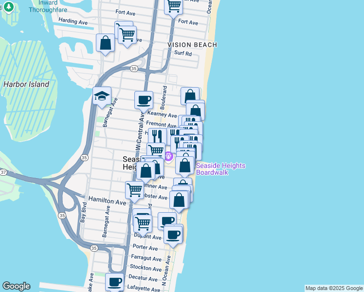 map of restaurants, bars, coffee shops, grocery stores, and more near 30 Sherman Avenue in Seaside Heights