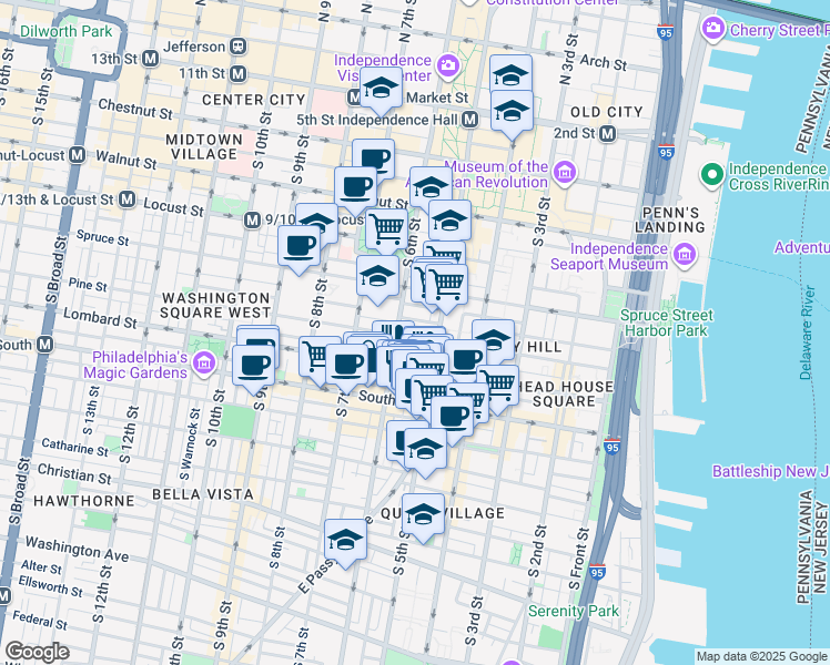 map of restaurants, bars, coffee shops, grocery stores, and more near 528 Pine Street in Philadelphia