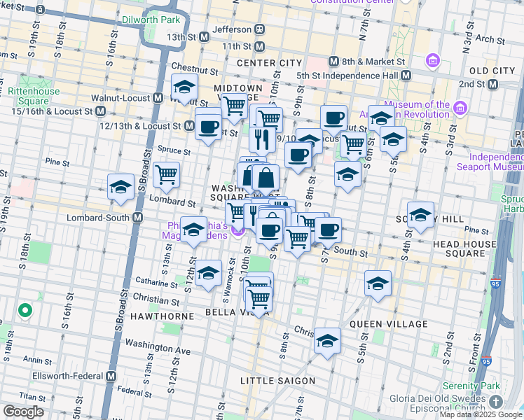 map of restaurants, bars, coffee shops, grocery stores, and more near 900 Lombard Street in Philadelphia