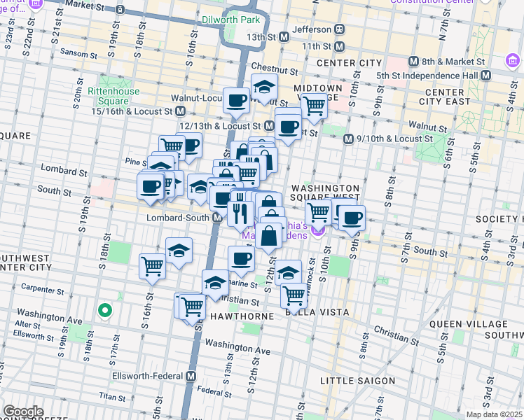 map of restaurants, bars, coffee shops, grocery stores, and more near in Philadelphia