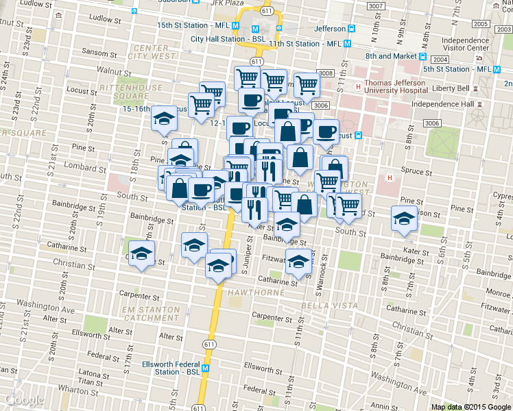 map of restaurants, bars, coffee shops, grocery stores, and more near in Philadelphia