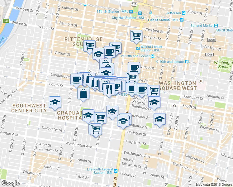 map of restaurants, bars, coffee shops, grocery stores, and more near 1520-36 South Street in Philadelphia
