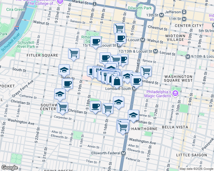 map of restaurants, bars, coffee shops, grocery stores, and more near in Philadelphia